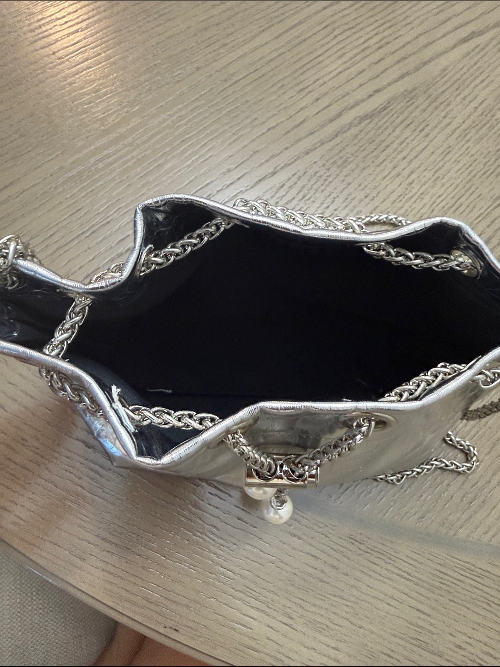 Silver Metallic Drawstring Bucket Bag with Chain Strap - Picture 3 of 3